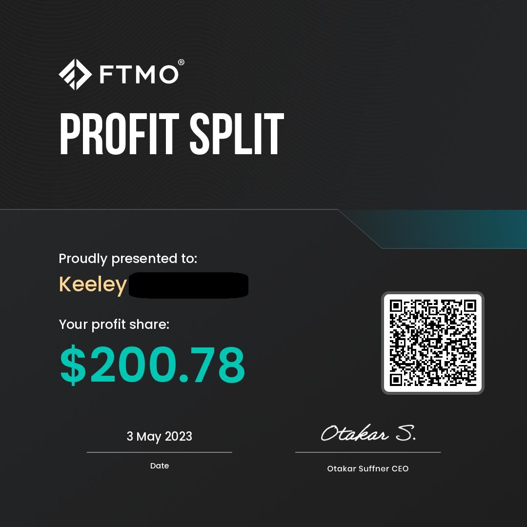 FTMO profit split certificate — profit share $200.78, May 2023