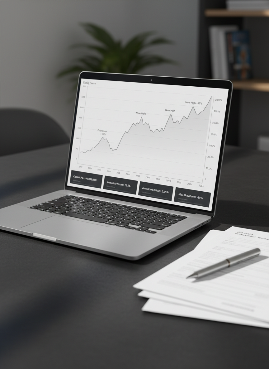 A close-up of a professional trading dashboard on a laptop, showing a detailed equity curve steadily rising over several years, annotated with small, tasteful labels for key milestones such as “Drawdown” and “New High.” The laptop rests on a matte black desk beside a tidy stack of printed performance reports and a slim silver pen. Natural daylight from an unseen window casts soft, diffused light across the surface, creating subtle shadows and reflections on the metal laptop body. Photographic realism, captured from a slightly elevated three-quarter angle with shallow depth of field, emphasizing the clear, data-rich screen while keeping the background softly blurred. The mood is confident, transparent, and analytically focused, ideal for showcasing a verified real trading track record.