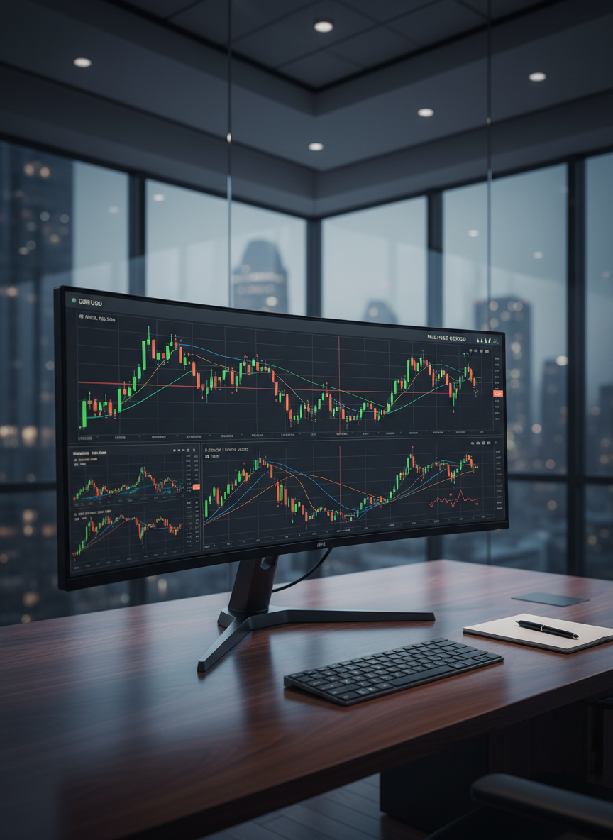 A sleek, ultra-wide curved trading monitor displaying a clean, professional multi-timeframe chart of a major currency pair, with clearly visible candlesticks, moving averages, and unobtrusive performance statistics labeled “Real Track Record” in the corner. The screen sits on a dark walnut desk with a brushed metal keyboard and minimalist notepad, inside a glass-walled office overlooking a blurred city skyline at dusk. Soft, cool-toned ambient lighting from recessed ceiling lights mixes with faint blue glow from the monitor, creating gentle reflections on the desk. Photographic realism, shot at eye level with a slightly off-center composition, sharp focus on the screen and subtle background bokeh, conveying precision, credibility, and disciplined professionalism.