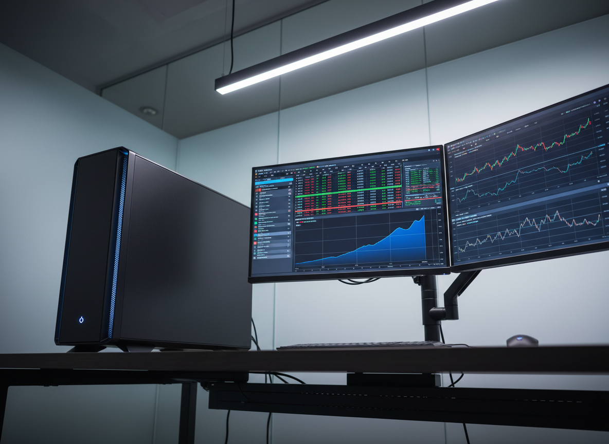 A high-end, matte-black desktop tower with subtle blue LED accents positioned beside a dual-monitor trading setup, both screens displaying organized order books, trade logs, and a live PnL curve with a smooth upward trajectory. The equipment rests on a textured dark wood desk, with cable management so clean it is nearly invisible. A frosted glass panel behind the desk softly reflects the blue monitor light, while an overhead linear LED fixture provides neutral, even illumination without harsh shadows. Photographic realism, shot from a slightly low, three-quarter angle that emphasizes the robust hardware and clean lines. The mood is powerful, reliable, and technically sophisticated, conveying the institutional-grade infrastructure behind a serious, real-track-record trading operation.