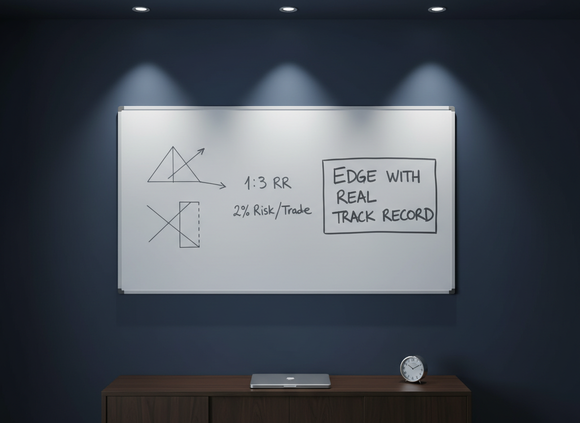 A minimalist trading strategy whiteboard mounted on a matte dark blue wall, filled with neatly drawn price structures, risk-reward ratios, and a clearly boxed phrase “Edge with Real Track Record.” Beneath the whiteboard, a narrow, modern credenza holds only a closed laptop and a small, chrome desk clock, reinforcing a no-clutter, all-business environment. Directional spotlights from the ceiling create focused pools of light on the whiteboard, with soft falloff that leaves the edges of the room subtly in shadow. Photographic realism, captured from a slightly low, angled perspective that emphasizes the strategic diagrams and clean handwriting. The mood is analytical, disciplined, and forward-looking, ideal for illustrating the professional planning behind consistent, proven trading performance.