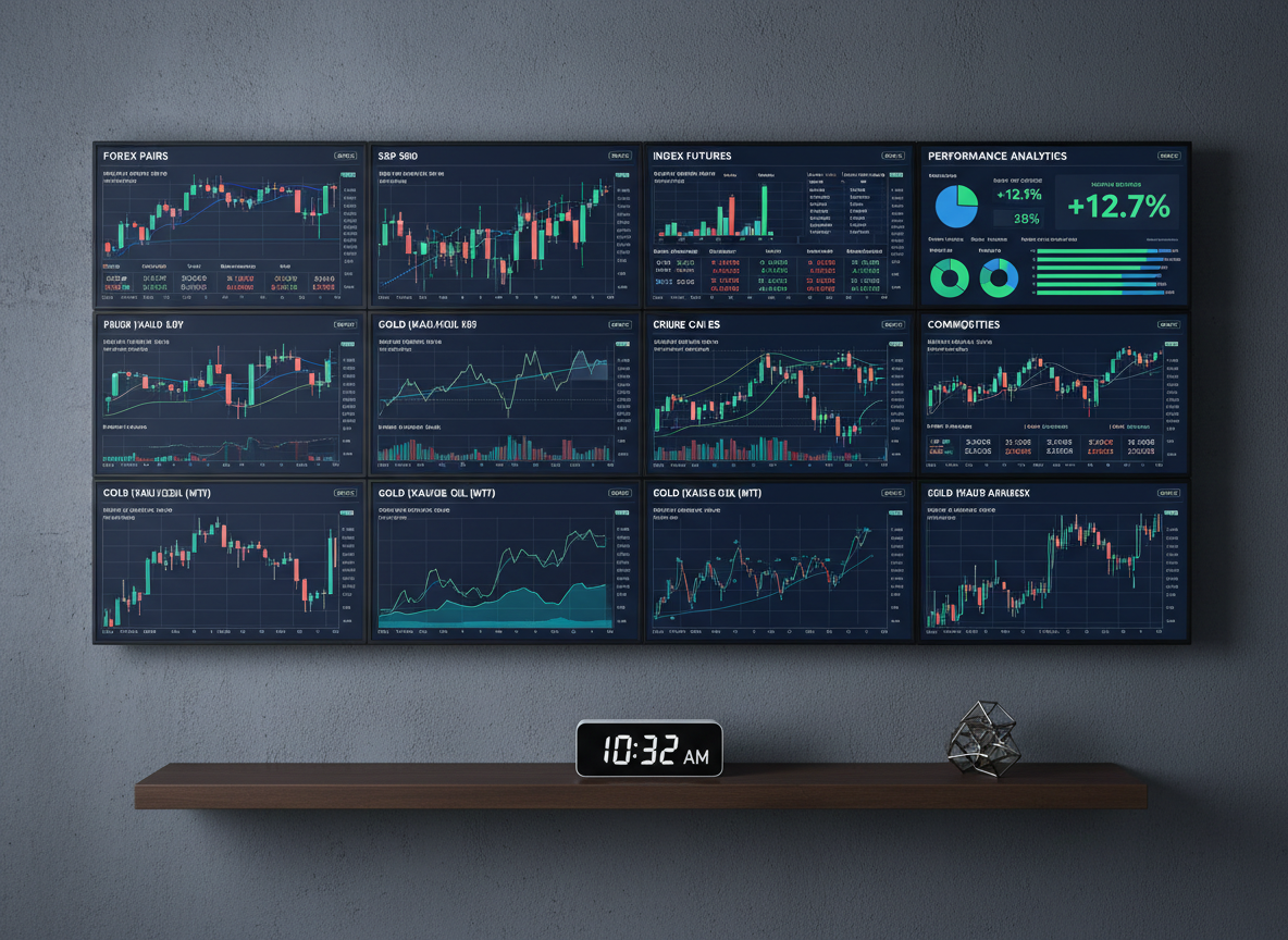 An array of multiple trading screens aligned in a precise grid on a wall-mounted rig, each displaying different asset classes: forex pairs, index futures, commodities, and a performance analytics panel summarizing monthly returns. The rig is anchored to a charcoal-gray wall with a single floating shelf beneath holding only a minimalist digital clock and a small geometric sculpture, reinforcing a clutter-free aesthetic. Cool, balanced studio lighting evenly illuminates the space, with gentle highlights on the screen bezels and careful control to avoid glare. Photographic realism shot from a slightly wide, eye-level perspective, maintaining sharp focus across the entire setup. The composition uses strong horizontal and vertical lines to evoke order, discipline, and a systematic, professional trading operation supported by real-time, data-driven evidence.